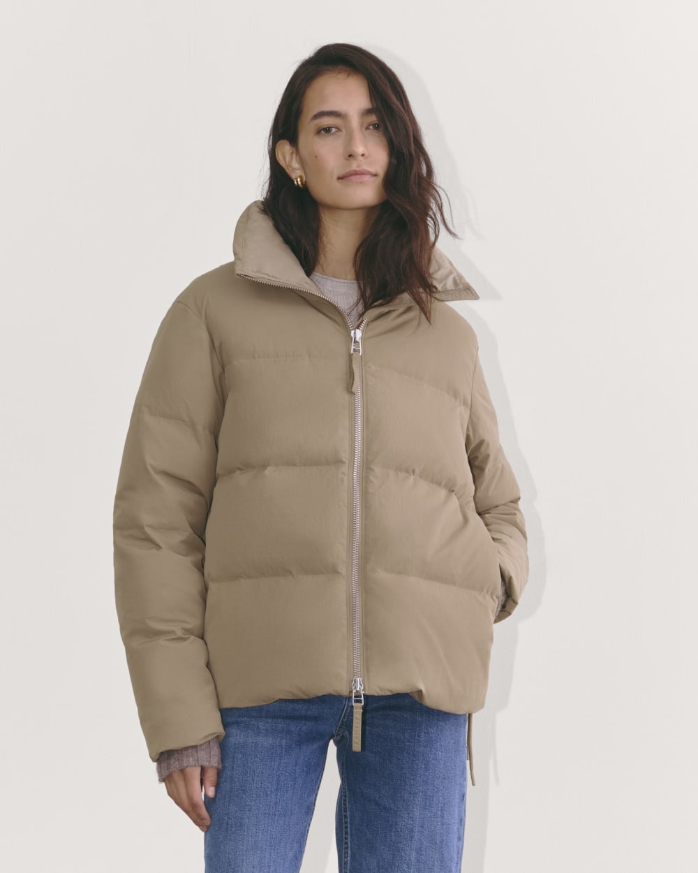 The Puffer Bomber in Taupe Grey — front view
