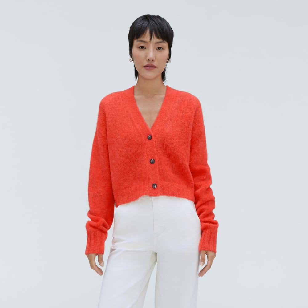 The Alpaca V-Neck Cropped Cardigan in Red Orange — front view