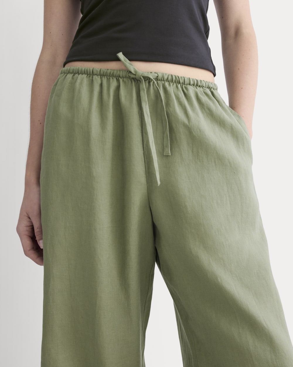 The Drawstring Pant in Linen in Lichen Green — detail view