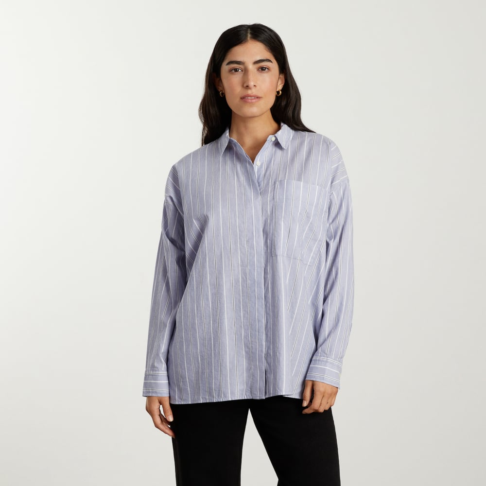 The Oversized Silky Cotton Shirt in Slate Blue — front view