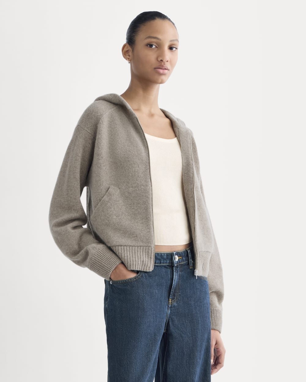 Full-Zip Hoodie in Wool Cashmere in Oatmeal — front view