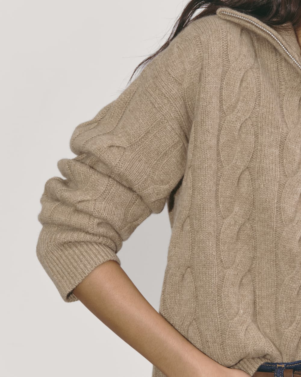 The Cable Half-Zip in Luxe Merino in Oat Melange — detail view