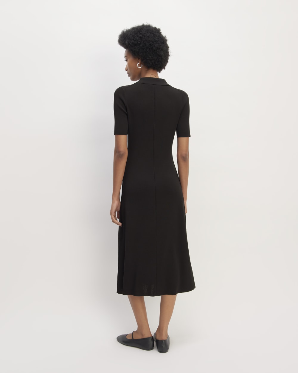 The Viscose Knit Polo Midi Dress in Black — detail view