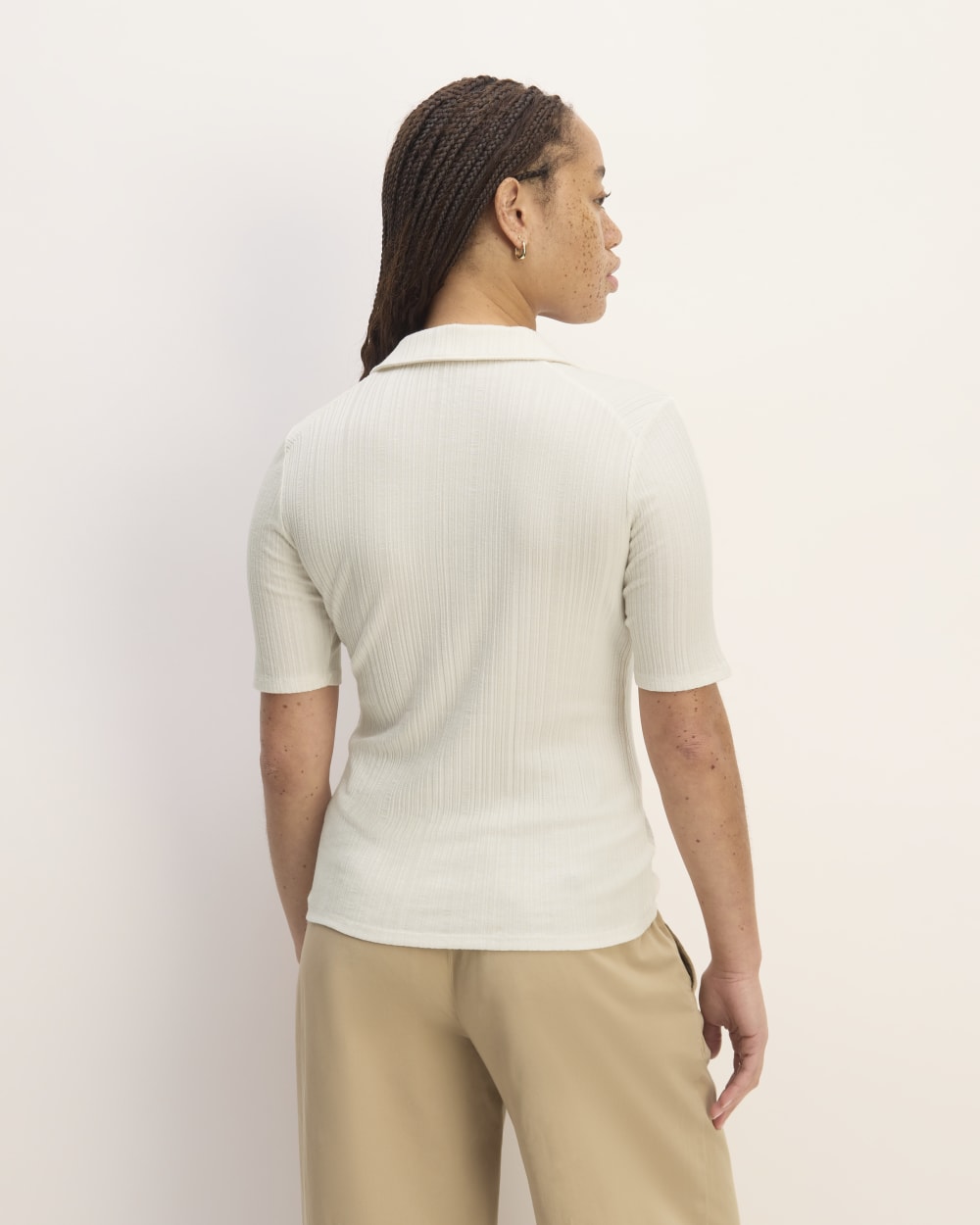 The Rib Soft Knit Open Collar Polo in Bone — detail view