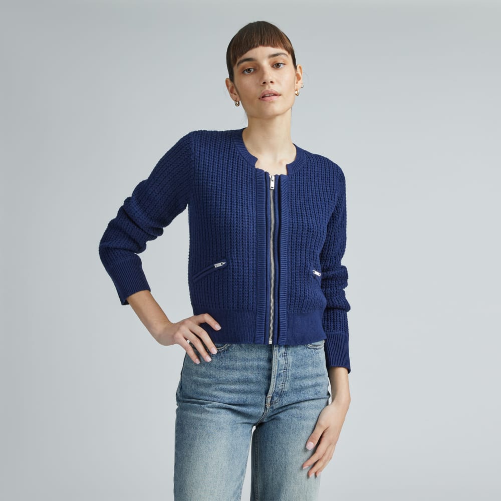 The Cropped Cotton-Merino Bomber in Bright Navy — front view