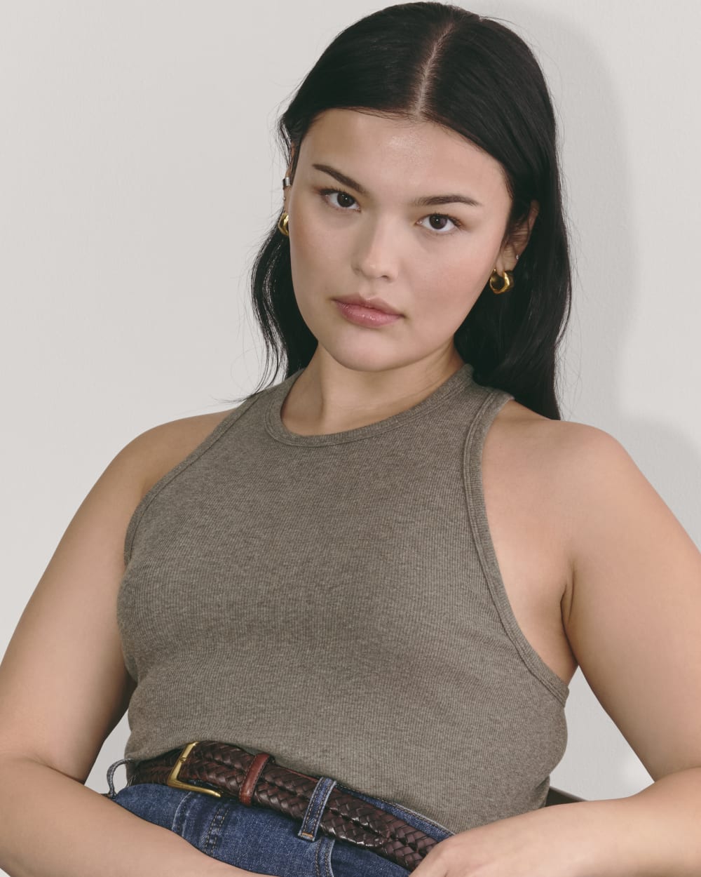The Luxe Rib Racerback Tank in Heathered Fatigue — detail view
