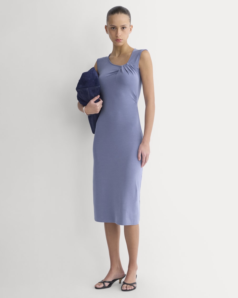 Knit Asymmetrical Midi Dress in Blue Dusk — front view