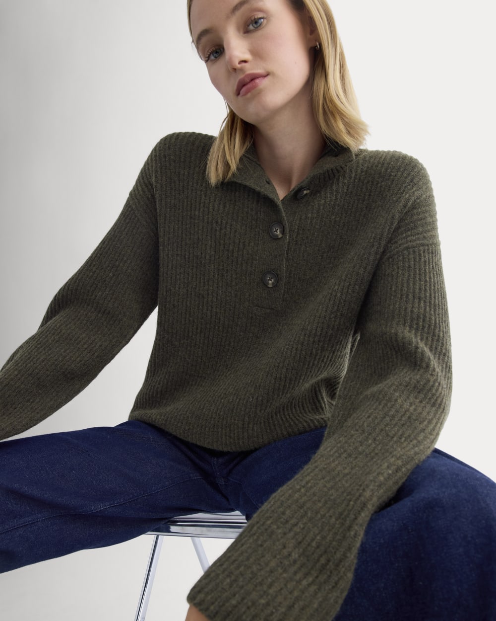 The Cocoon Henley in Wool Cashmere in Heather Beech — front view