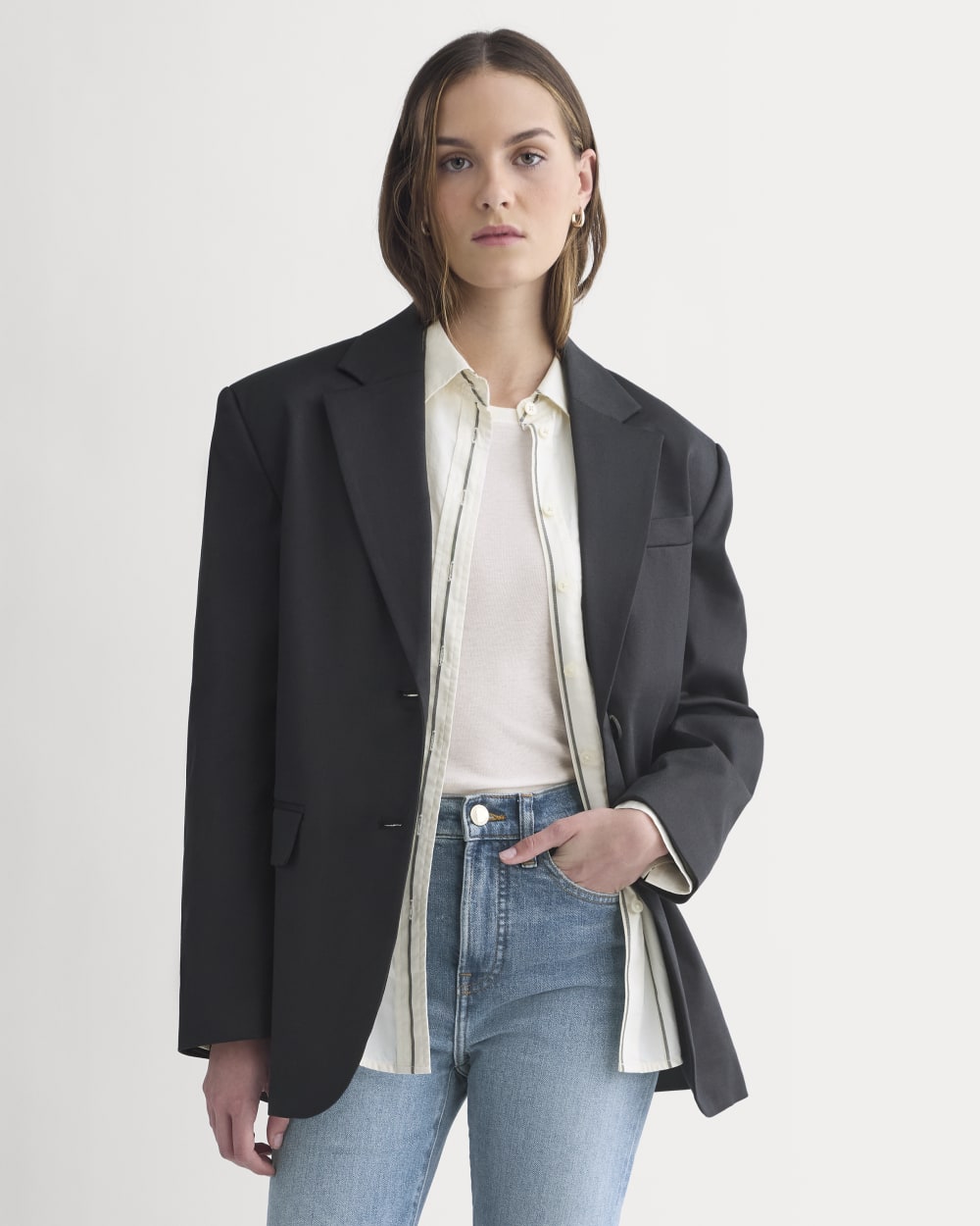 Tailored Drape Blazer in Black — front view