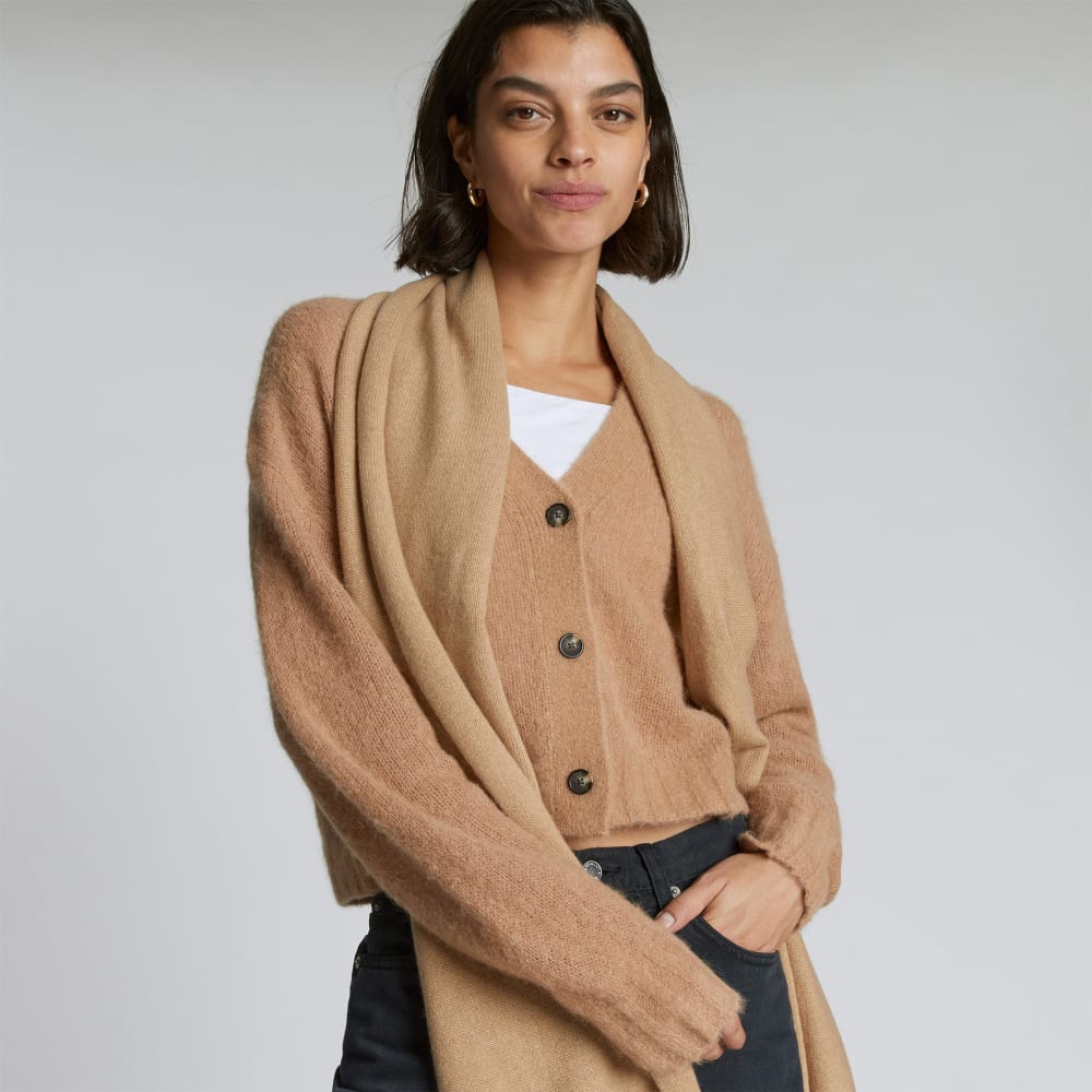 The Alpaca V-Neck Cropped Cardigan in Warm Taupe — detail view