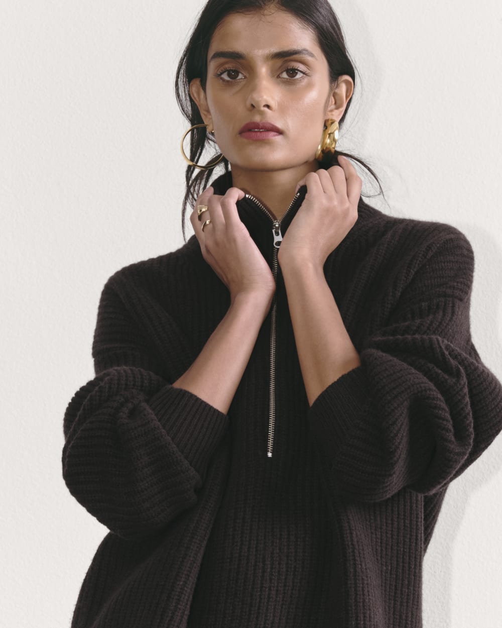 The Half-Zip Sweater in Luxe Merino in Black — detail view