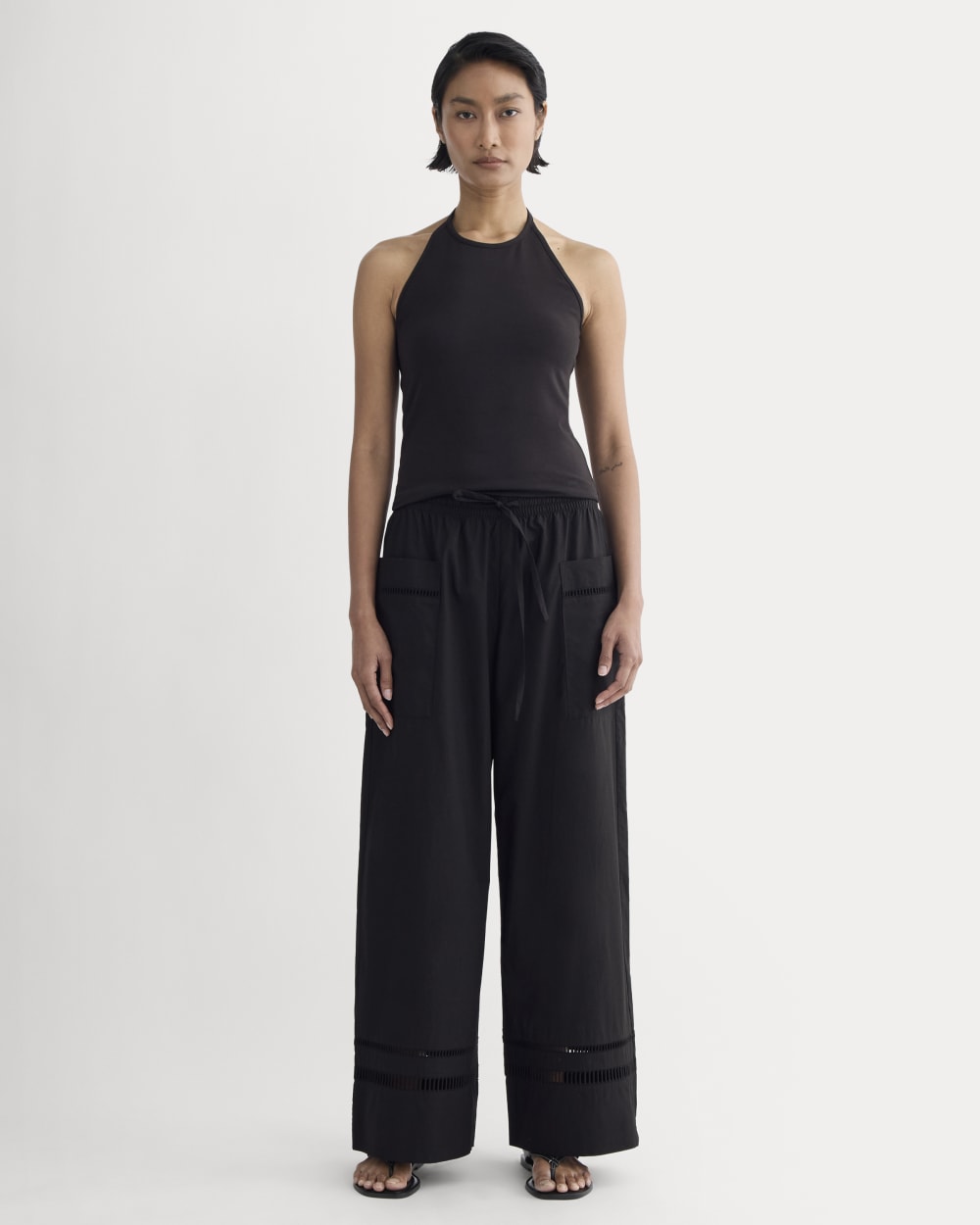 The Lace Trim Pant in Black — front view