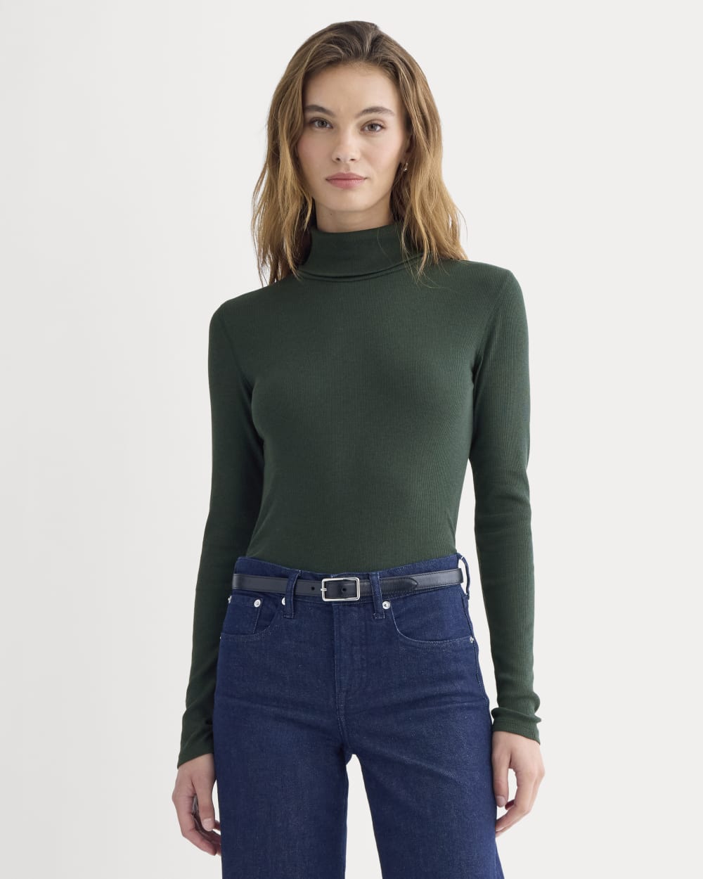 The Luxe Rib Turtleneck in Heathered Dark Sea — front view