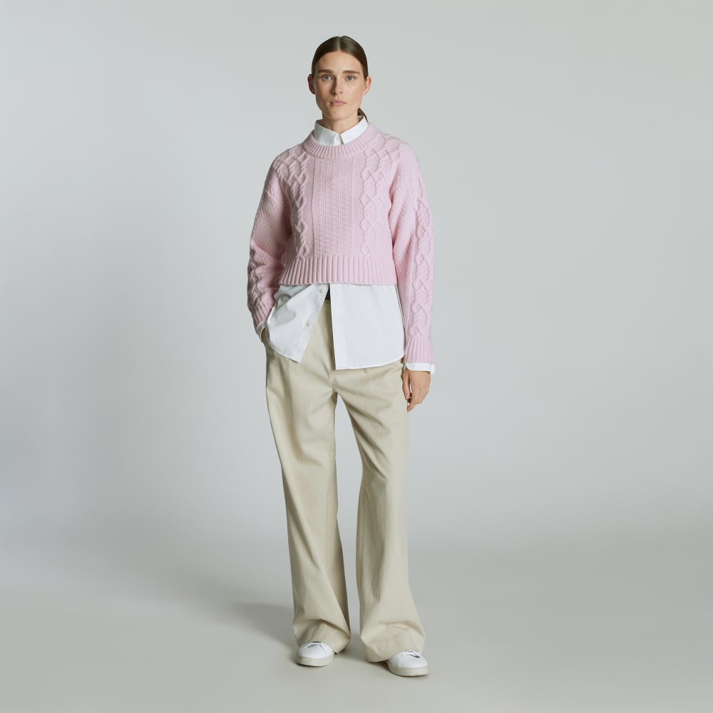 The Felted Merino Cropped Cable Sweater in Light Lilac — detail view