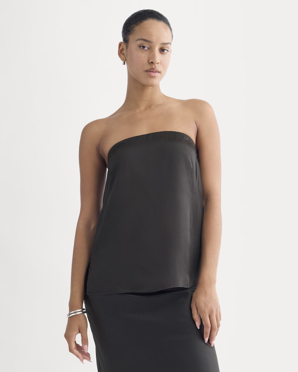 Thin Strap Cami in Silk Charmeuse in Black — front view