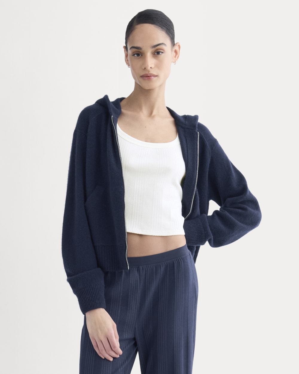Full-Zip Hoodie in Wool Cashmere in Navy — front view