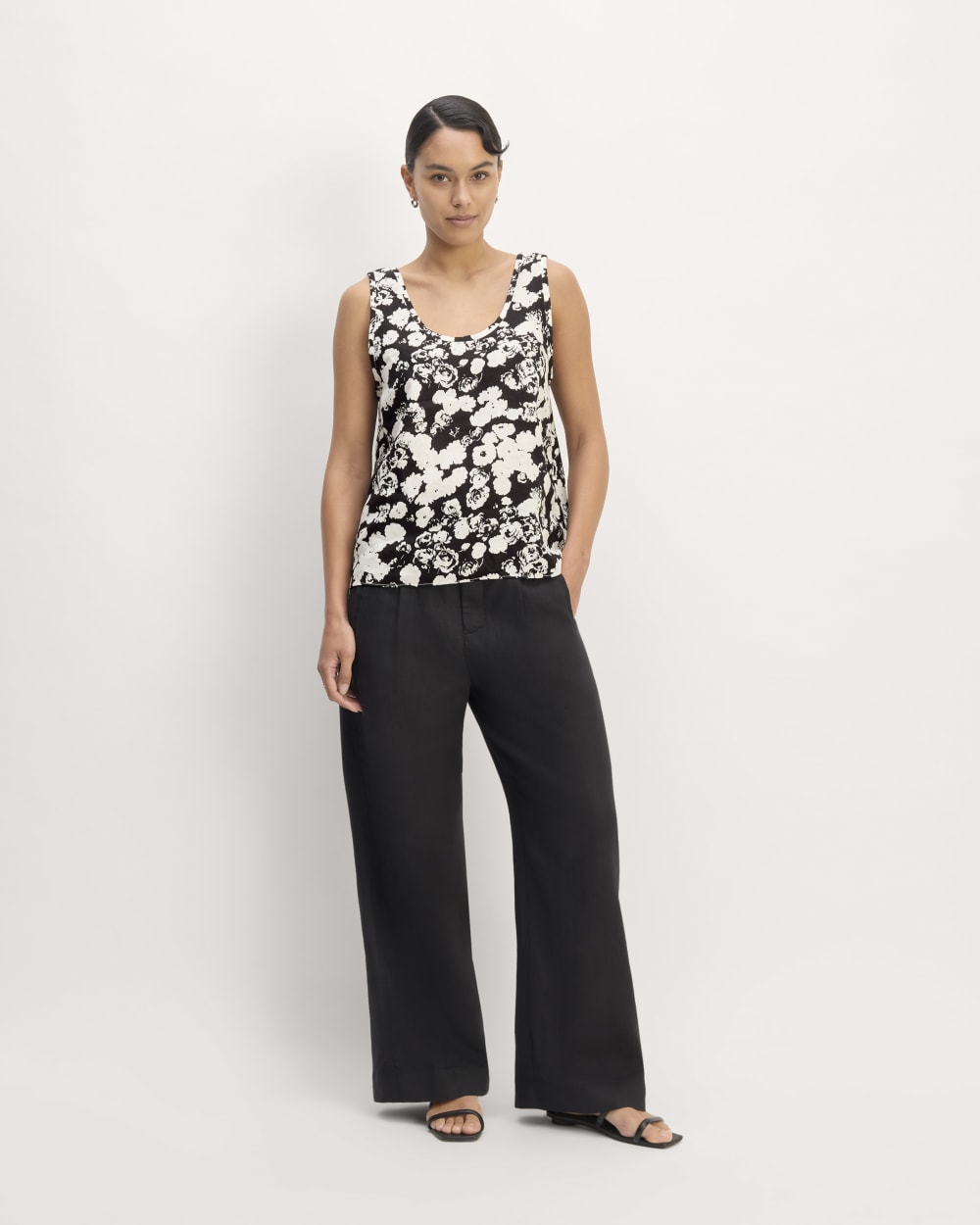 The Scoop Tank in Linen in Black / Bone Floral — detail view