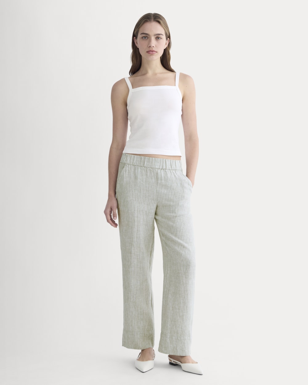 The Linen Easy Pant in Oil Green / White — front view