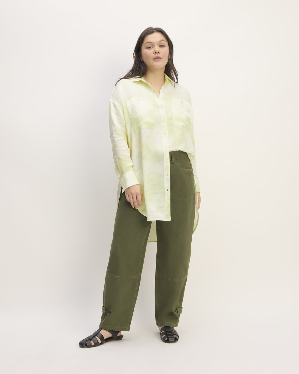 The Everlane x Marques' Almeida Satin Tie-Dye Shirt in Seafoam Tie-Dye — detail view