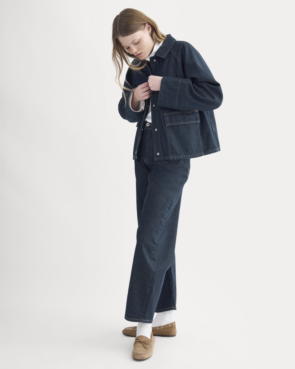 Cropped Denim Jacket in Garment-Dyed Indigo — detail view
