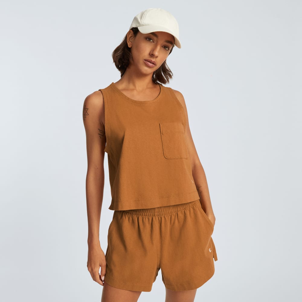 The Premium Weight Cropped Pocket Tank in Tawny Brown — detail view