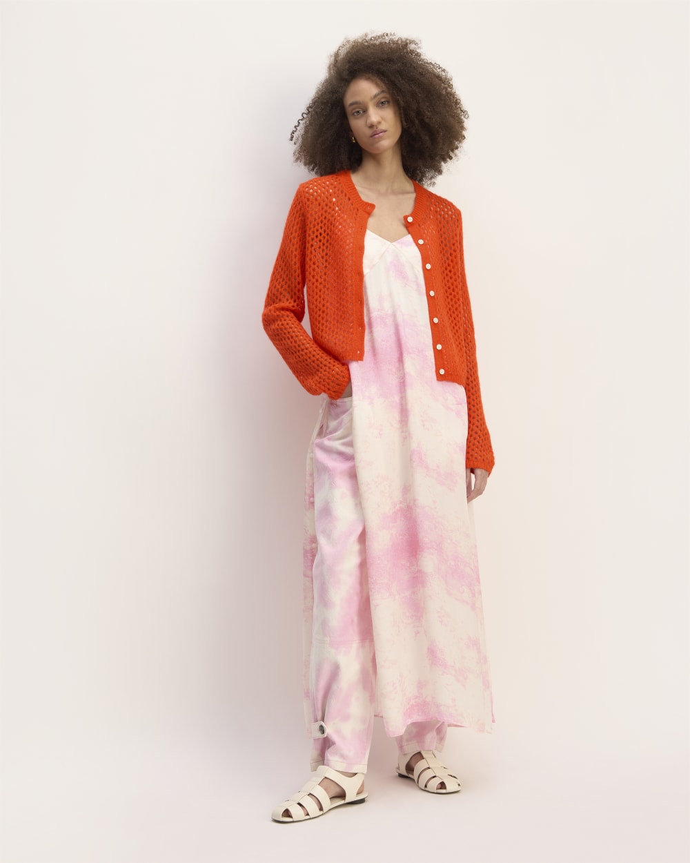 The Everlane x Marques' Almeida Alpaca Mesh Cardigan in Red Orange — detail view