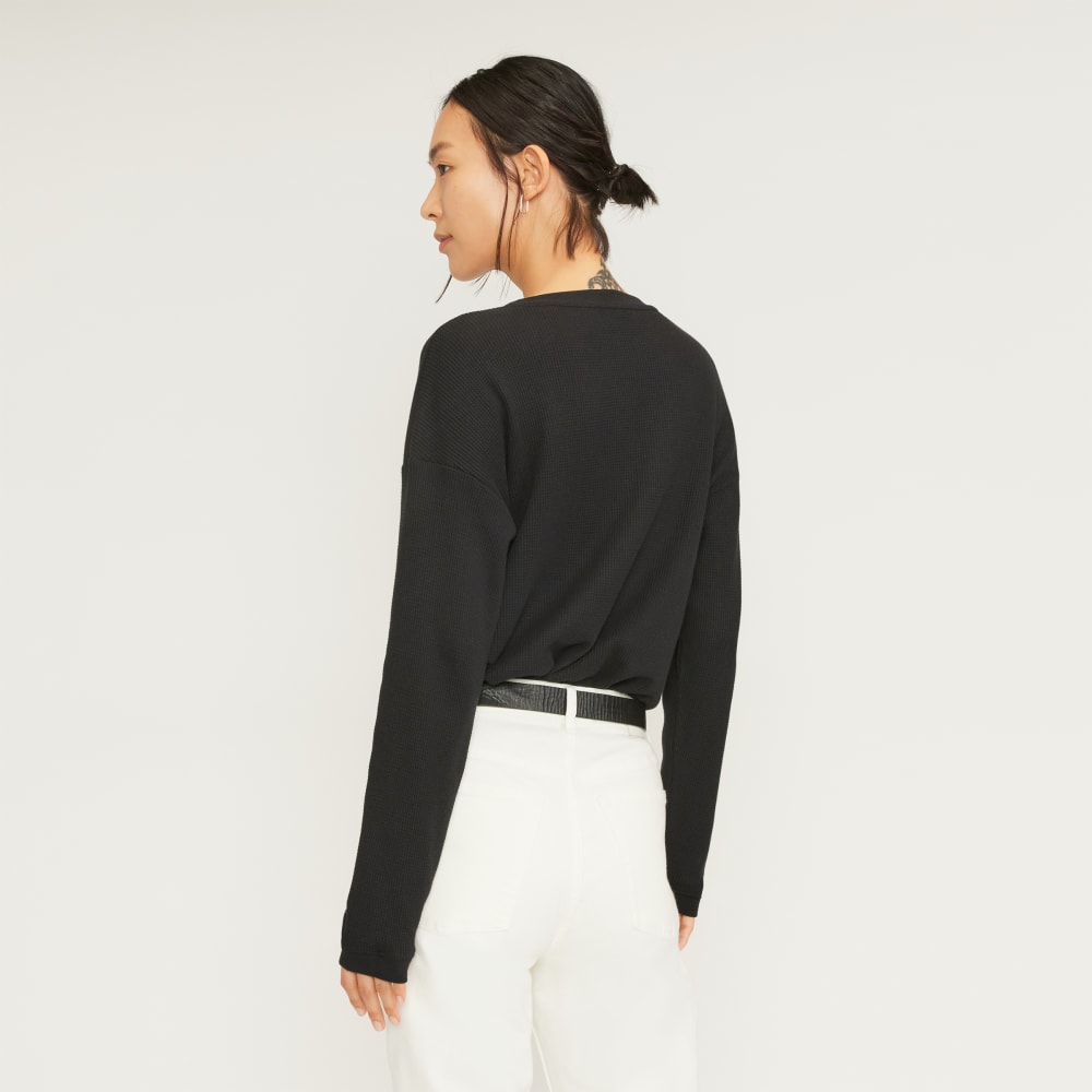 The Organic Cotton Waffle Henley in Black — detail view