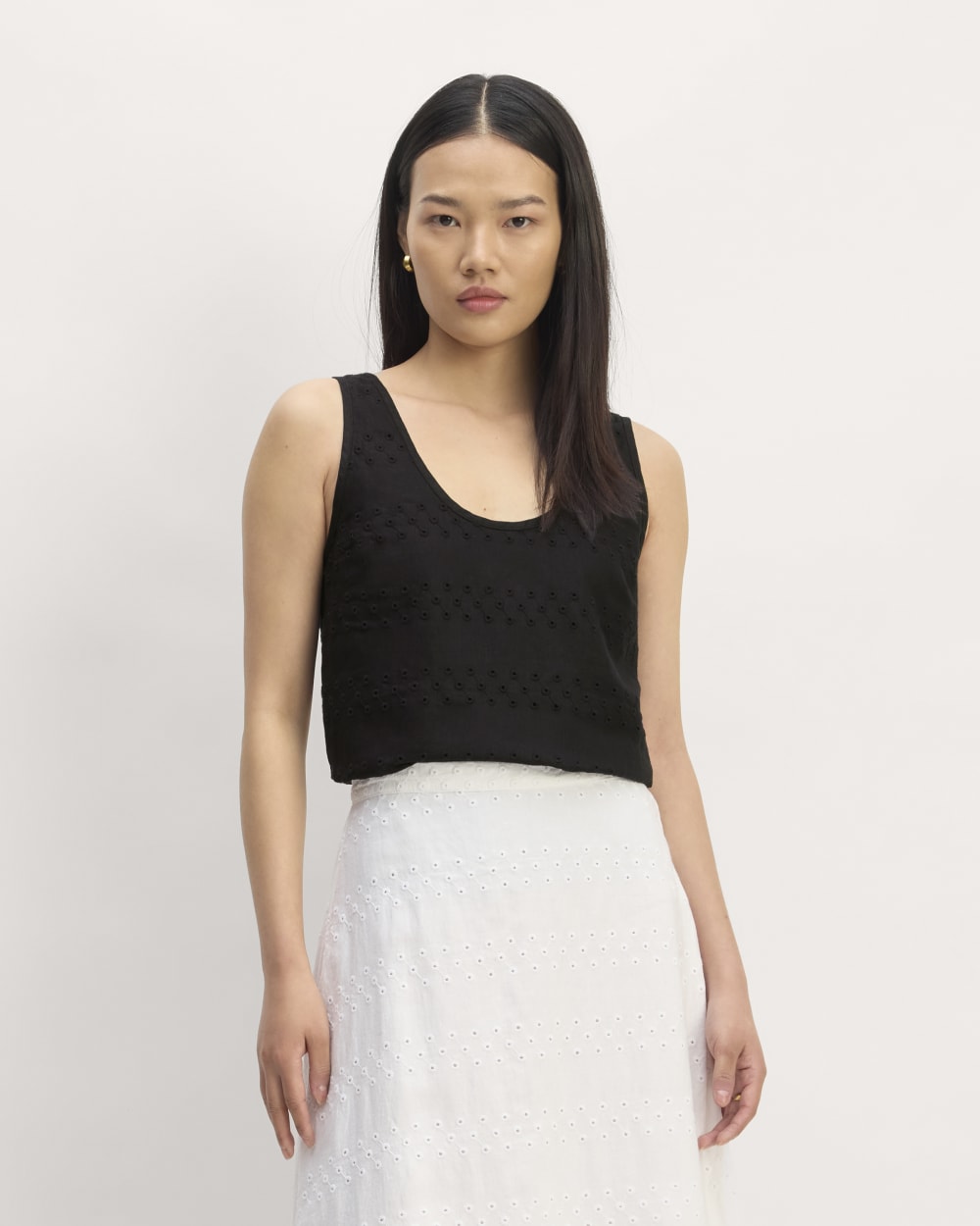 The Linen Eyelet Scoop-Neck Tank in Black Eyelet — front view