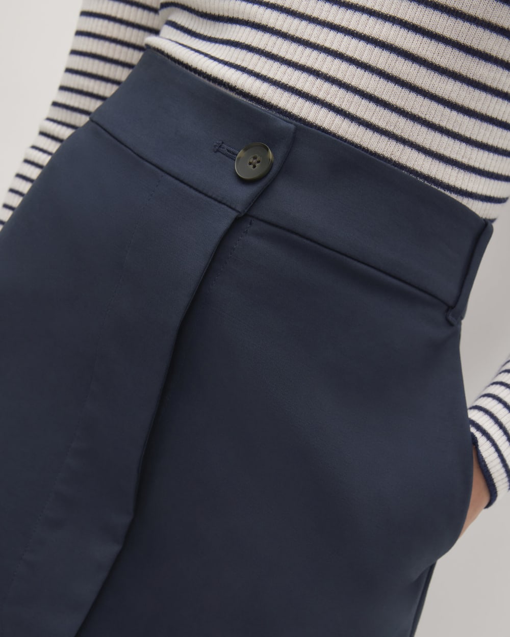 The Structured Cotton A-Line Skirt in Navy — detail view