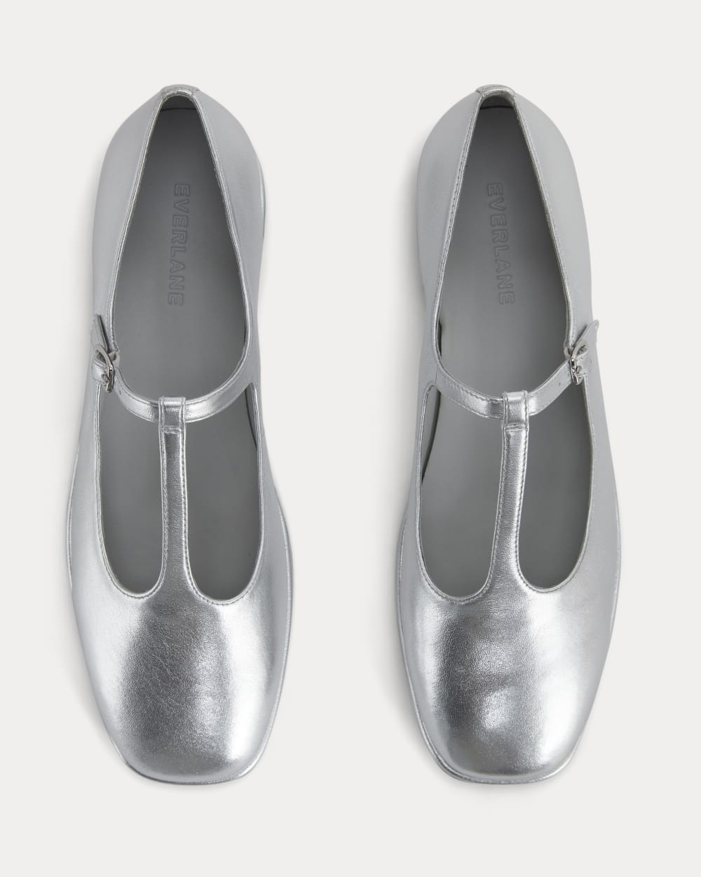 The Leather T-Strap Flat in Silver — detail view