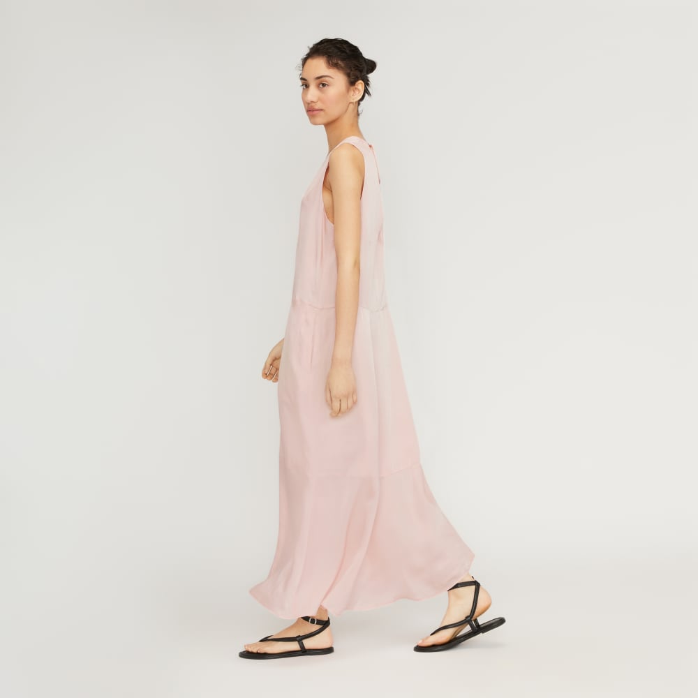 The Satin V-Neck Maxi Dress in Petal Pink — detail view
