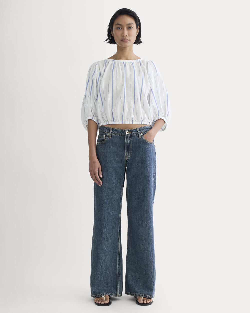 The Gauze Puff-Sleeve Top in Bone / Dutch Blue — detail view