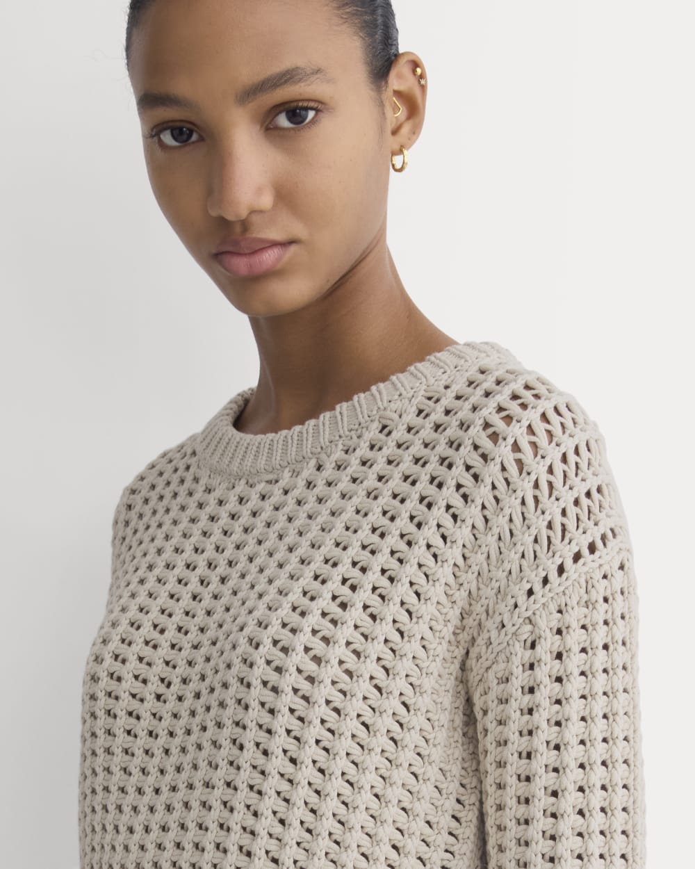 Open-Knit Crew in Elevated Cotton in Peyote — detail view