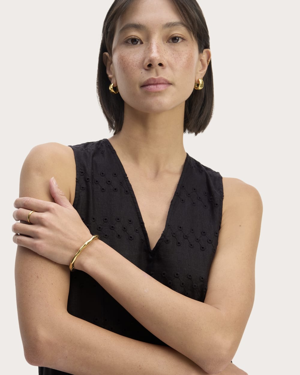 The Linen Eyelet Maxi Dress in Black Eyelet — detail view