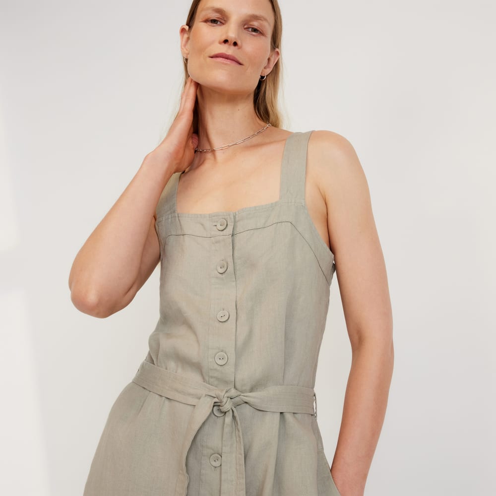 The Linen Jumpsuit in Seagrass — detail view