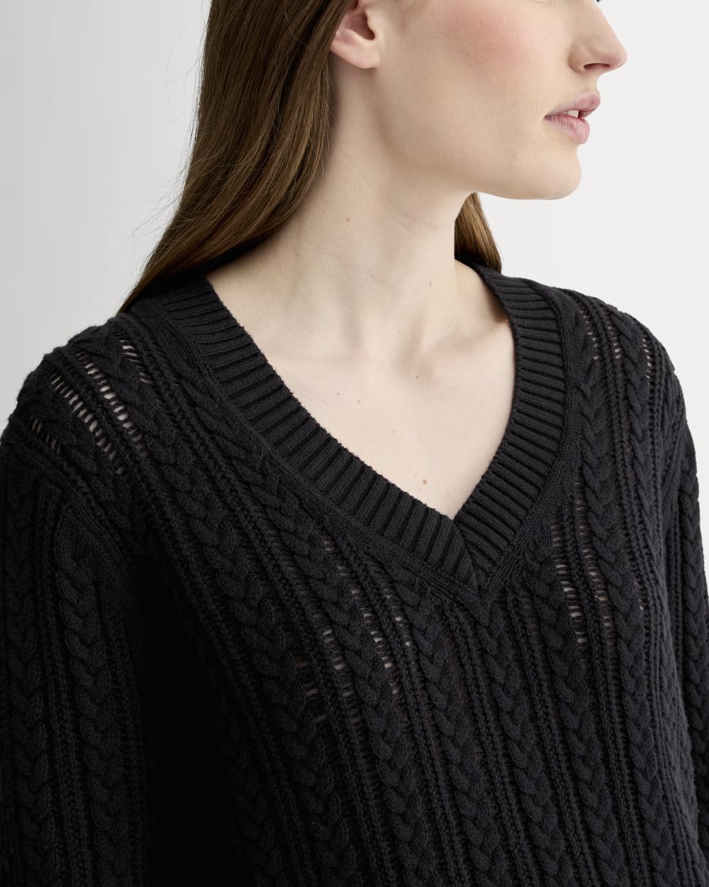 The Mesh Cable V-Neck in Everyday Cotton in Black — detail view