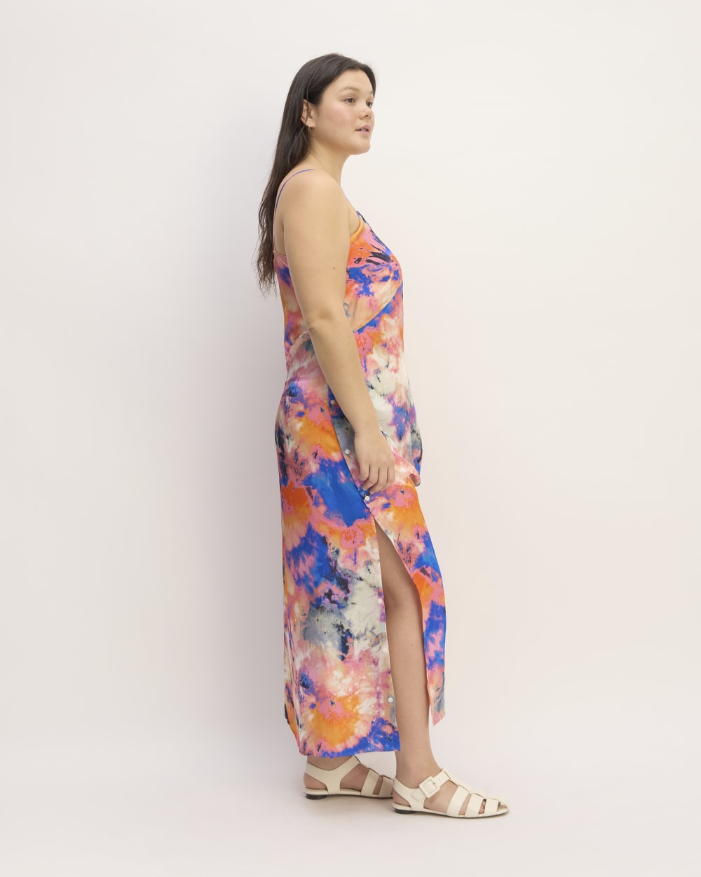 The Everlane x Marques' Almeida Satin Tie-Dye Dress in Multi Tie-Dye — detail view