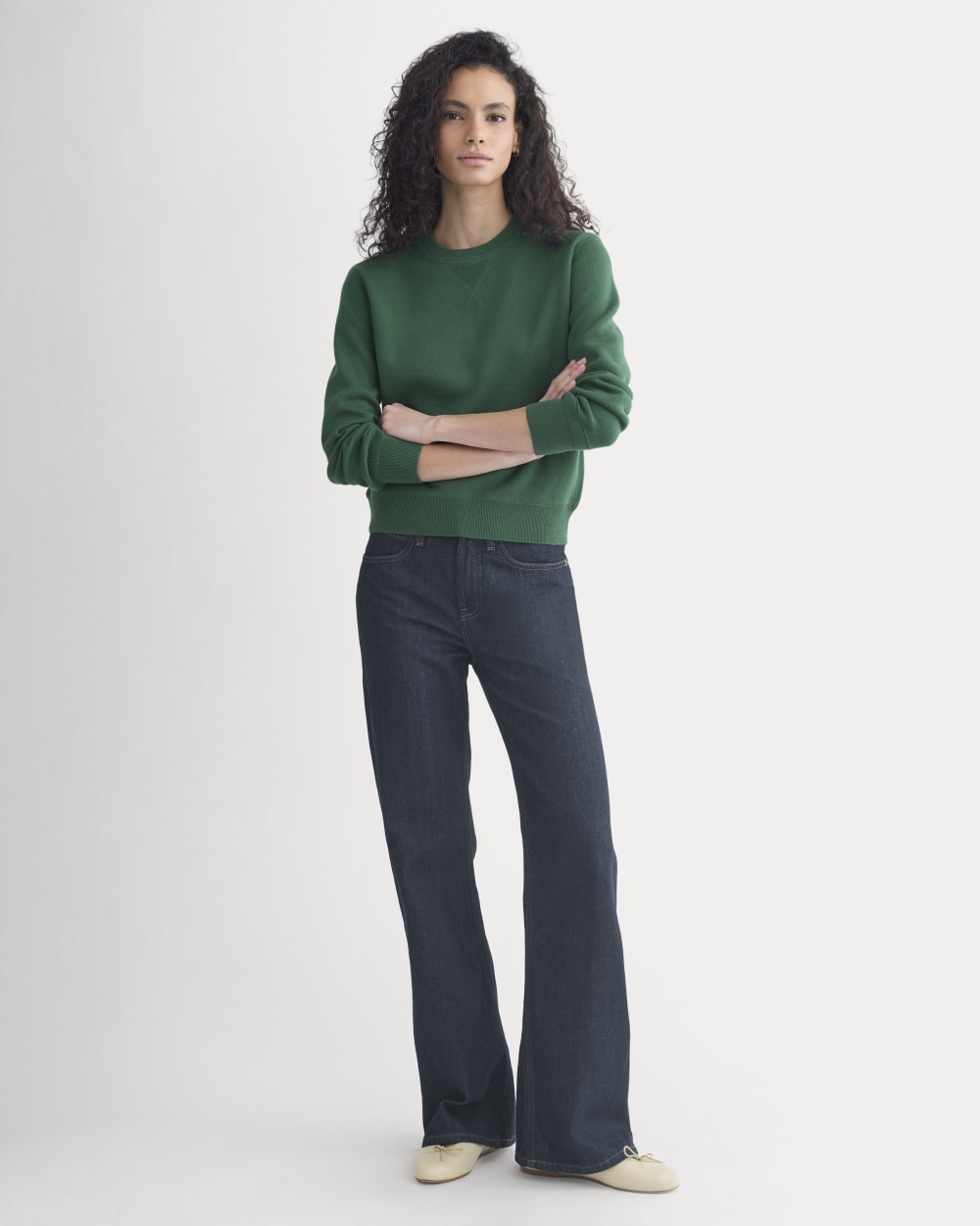 Double Knit Crew in Cotton Merino in Hunter Green — detail view