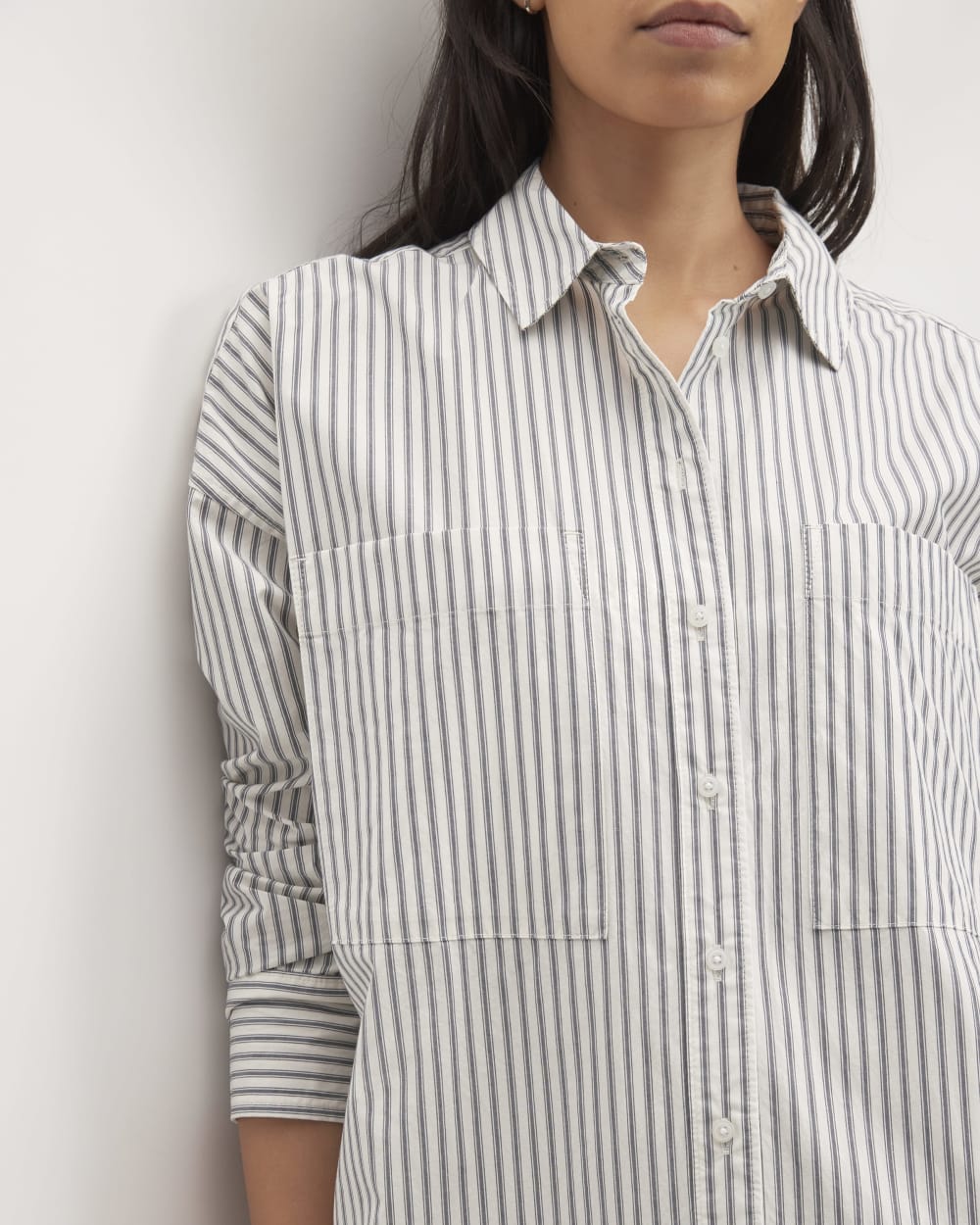 The Midi Cotton Shirt Dress in Bone/Navy — detail view