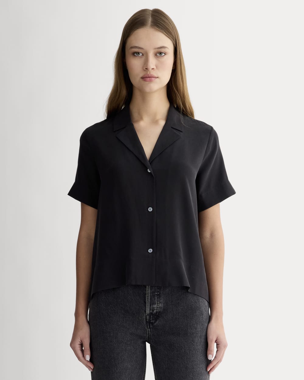 The Notch Shirt in Washable Silk in Black — front view