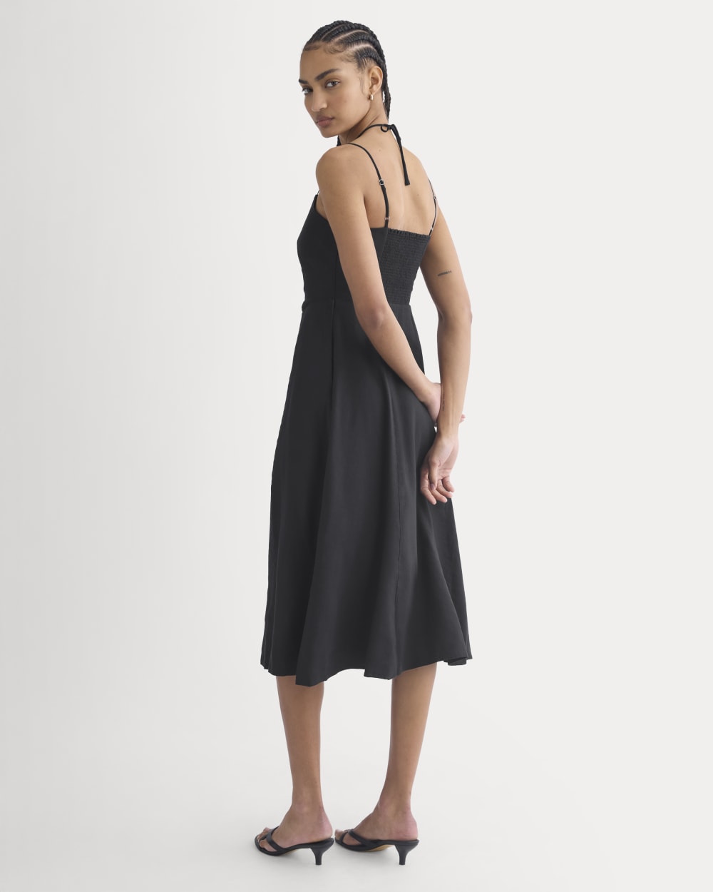 Tie-Neck Dress in Stretch Linen in Black — detail view