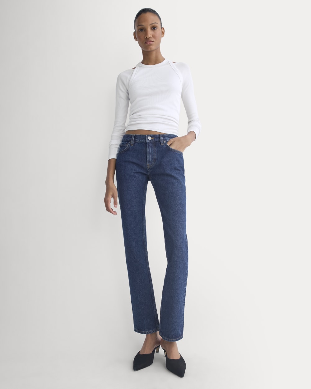 Everlane x Elena Bonvicini Highland Low-Rise Cigarette Jean in Deep Bay Indigo — front view