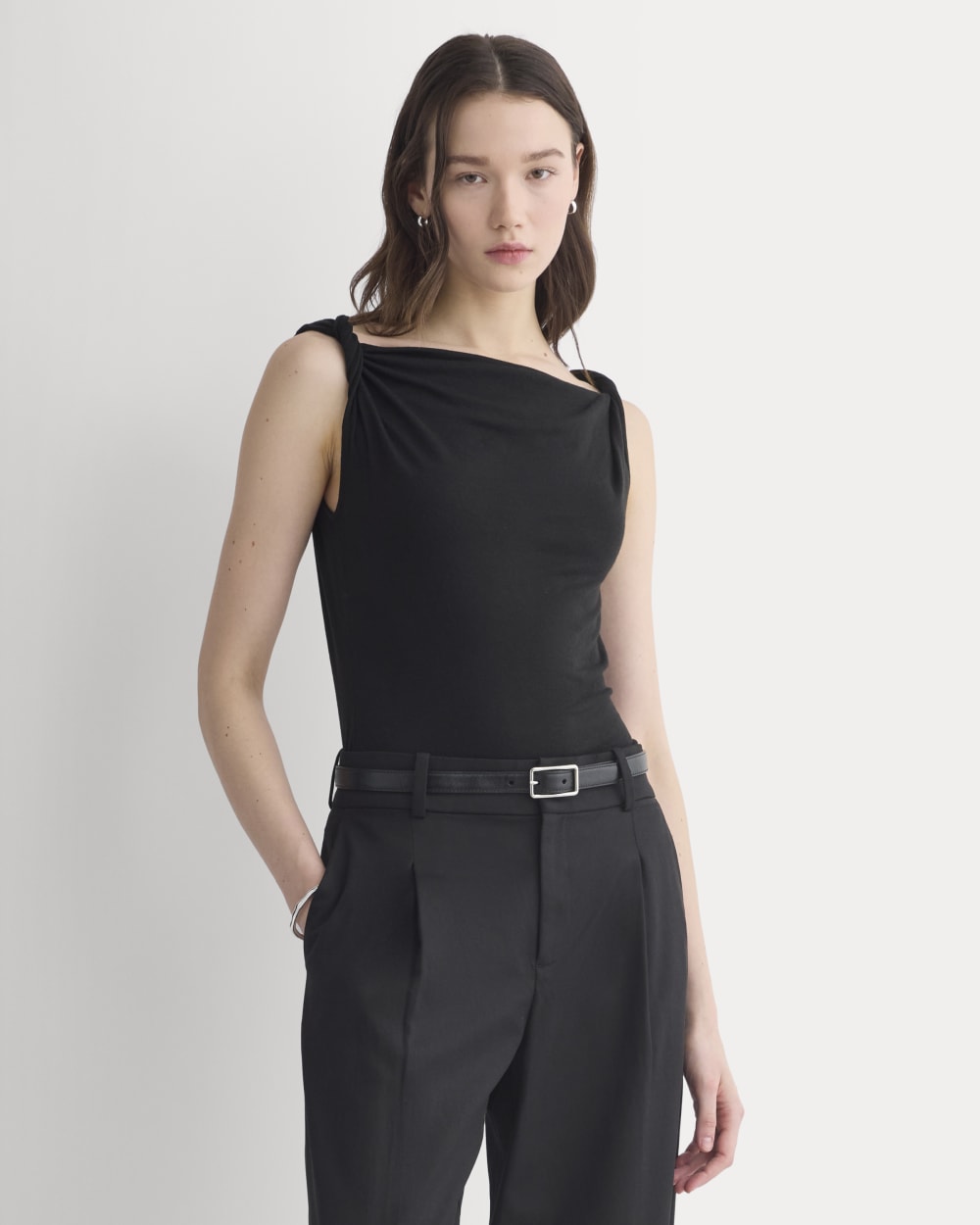 Cowl Neck Twist Tank in Butterluxe in Black — detail view