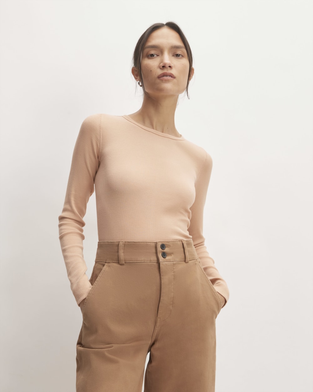 The Luxe Rib Long-Sleeve Crew in Blush Pink — front view