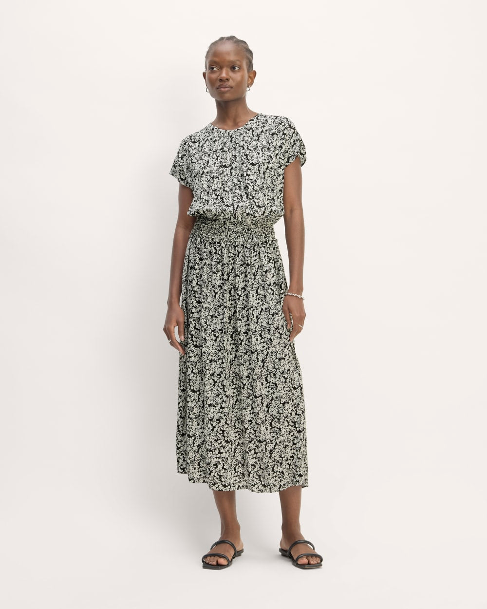 The Gathered Midi Dress in Black / Bone Mini Floral — detail view