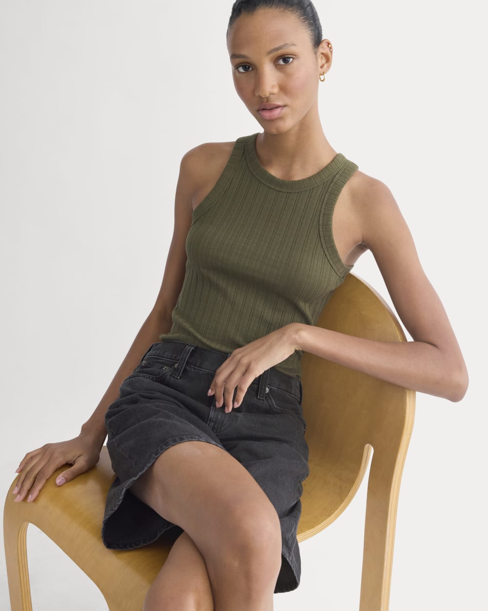Racerback Tank in Pointelle in Olive Night — front view