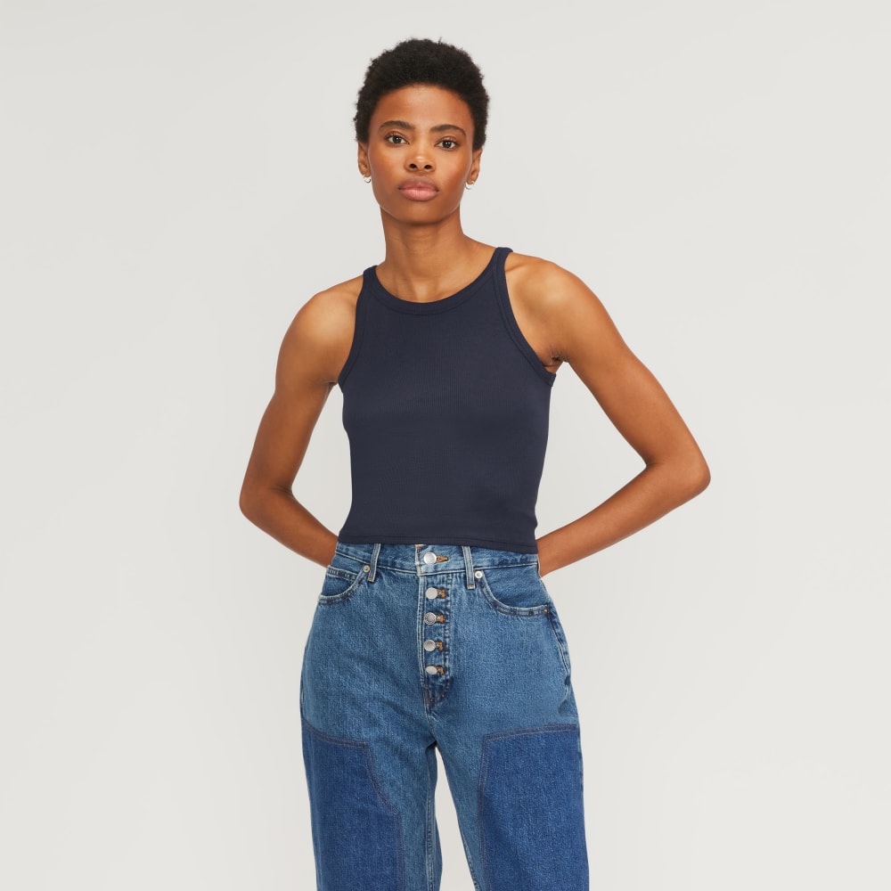 The Supima® Micro-Rib Cropped Tank in Navy — front view