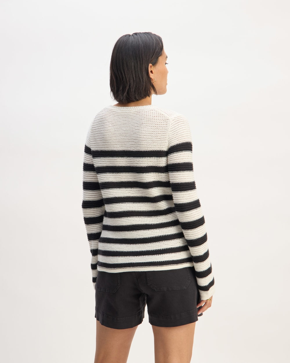 The Organic Cotton Open-Stitch Crew in Black / Bone — detail view