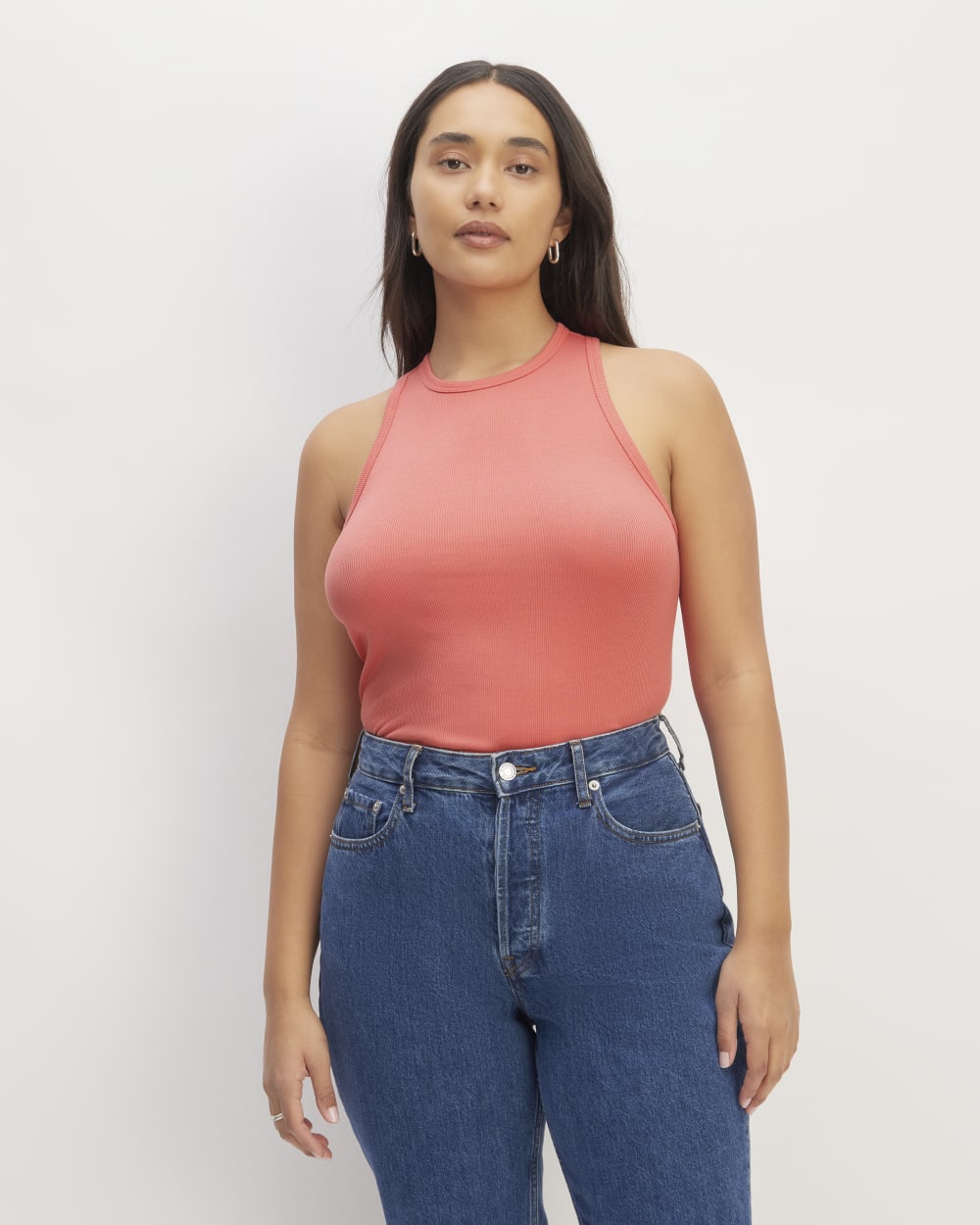 The Luxe Rib Racerback Tank in Coral — front view