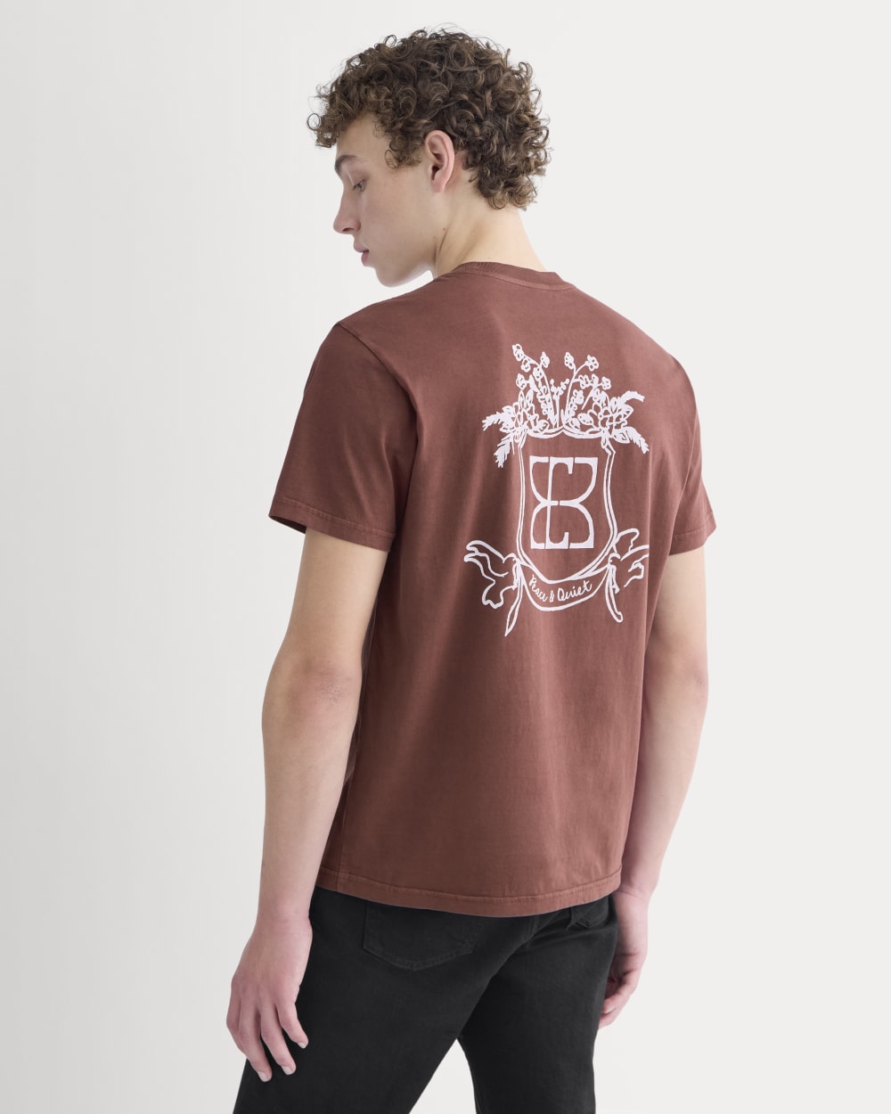 Everlane x Peace and Quiet Crest Graphic Tee in Wine — detail view